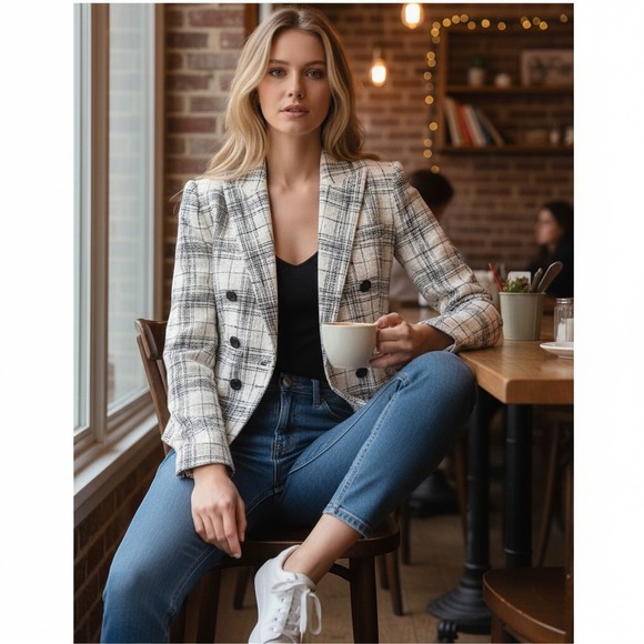 L'AGENCE Jackets & Blazers - L'Agence Brooke Tweed Double-Breasted Cropped Blazer Cream Black Plaid Jacket 10